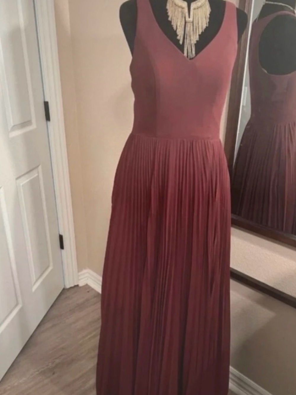Azazie Sleeveless V-Neck Pleated Maxi Dress in Burgundy